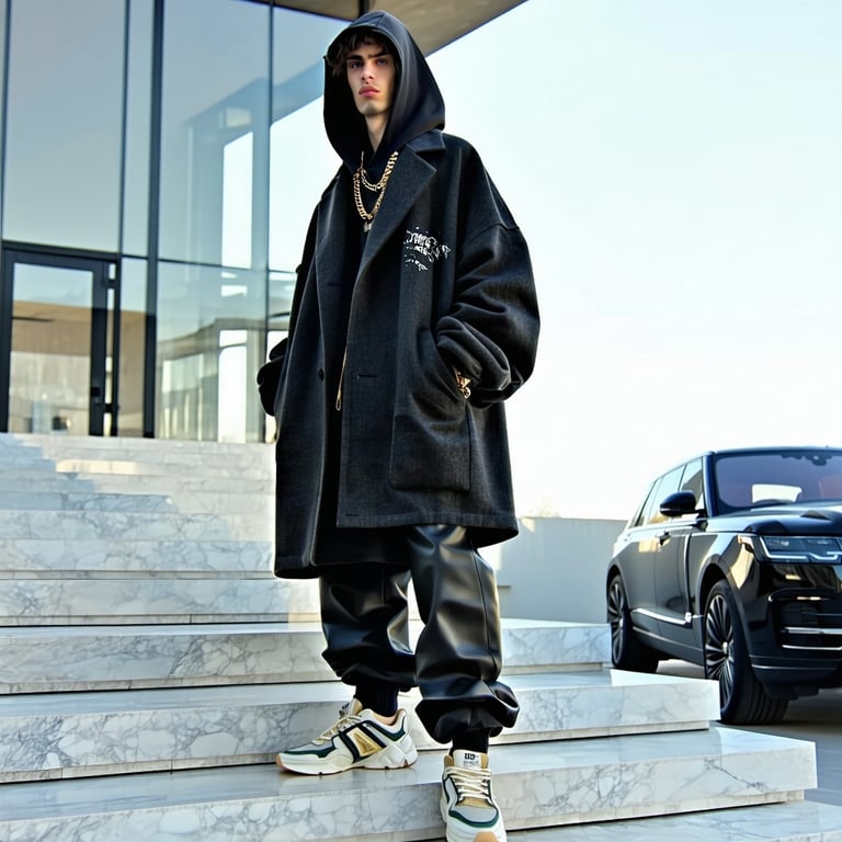 A highfashion editorial scene blending classic luxury aesthetics with raw streetwear attitude A model stands confidently in a modern urban setting think marble stairs outside a brutalist museum or the rooftop of a sleek glass skyscraper They wear ov