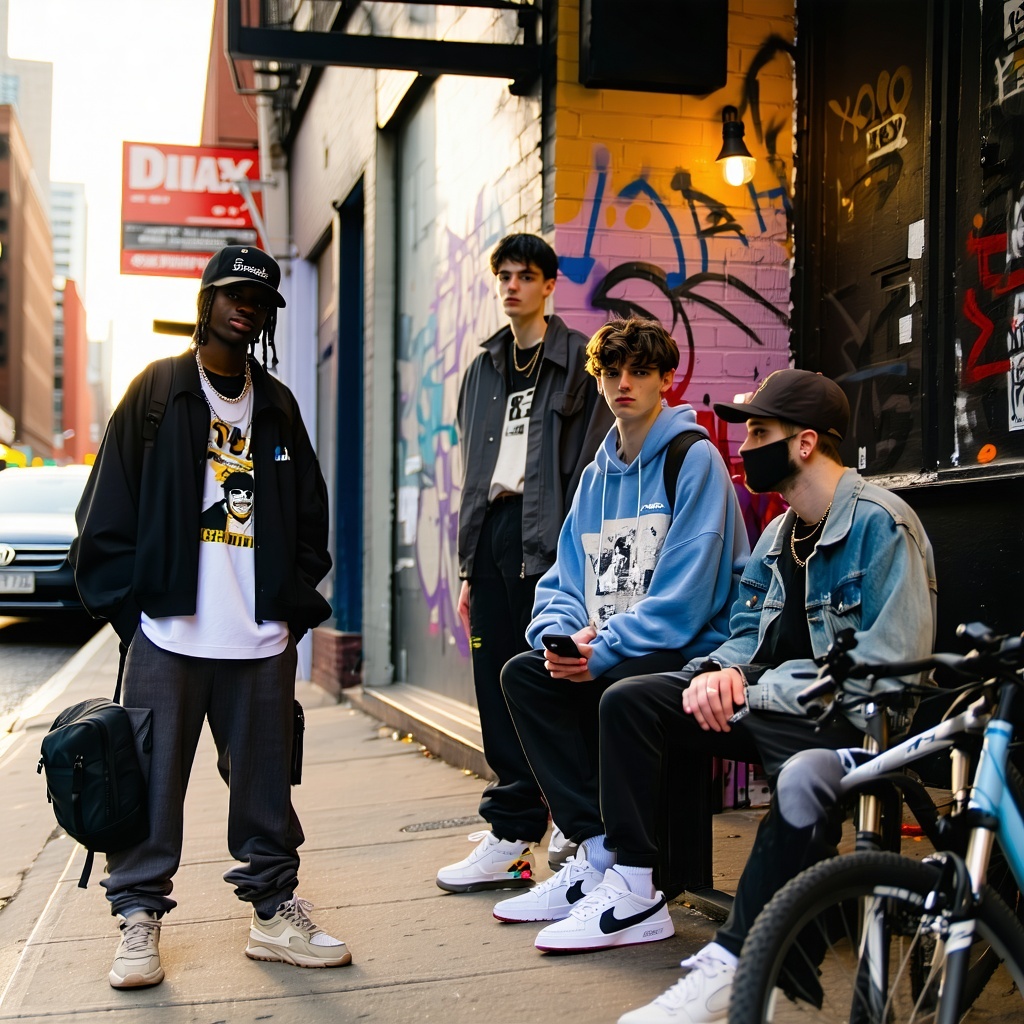 A realistic urban street scene at golden hour in a city like New York or London A small group of stylish young adultsdiverse in appearancehang out casually on a sidewalk in front of a muralcovered wall or a local corner store Theyre wearing modern mi-1 A realistic urban street scene at golden hour in a city like New York or London A small group of stylish young adultsdiverse in appearancehang out casually on a sidewalk in front of a muralcovered wall or a local corner store Theyre wearing modern mi-1