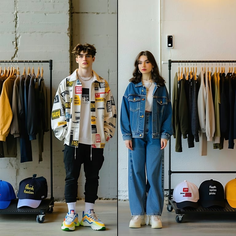 A visually striking splitscene featuring a Gen Z man and woman standing side by side in an urban setting The man is dressed in bold fast fashion pieces loud prints oversized logos flashy sneakers while the woman is styled in minimalist sustainable-1