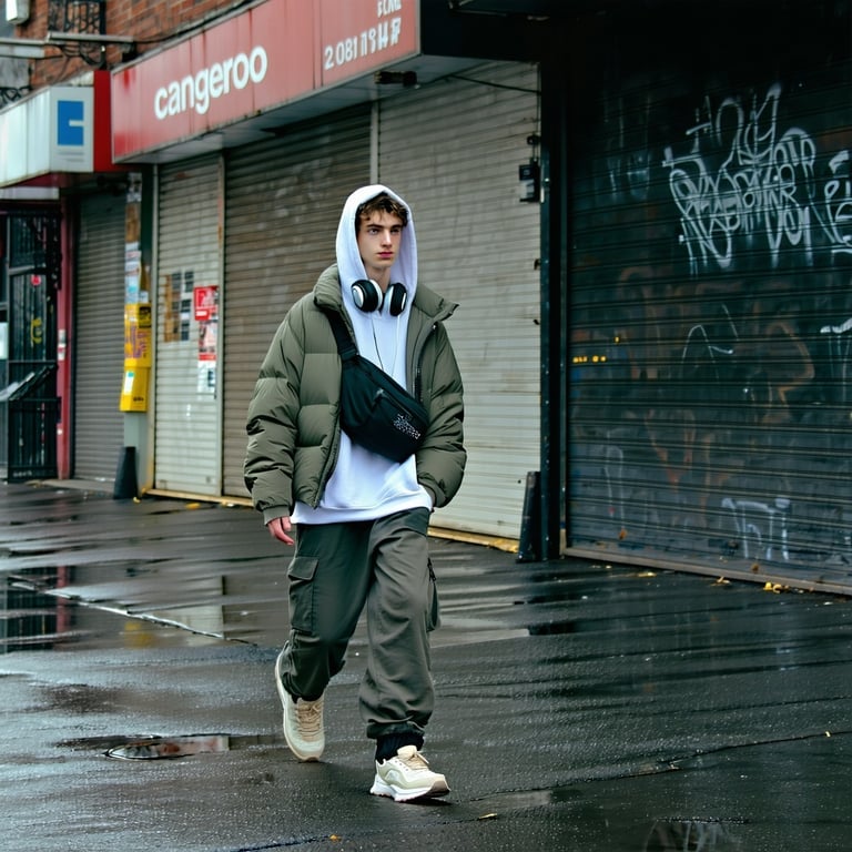 PromptA candid scene on a city street a young person walking past a row of shuttered storefronts and corner shops dressed in everyday streetwear They wear an oversized hoodie layered under a lightweight puffer vest straightleg cargo pants and wellwo