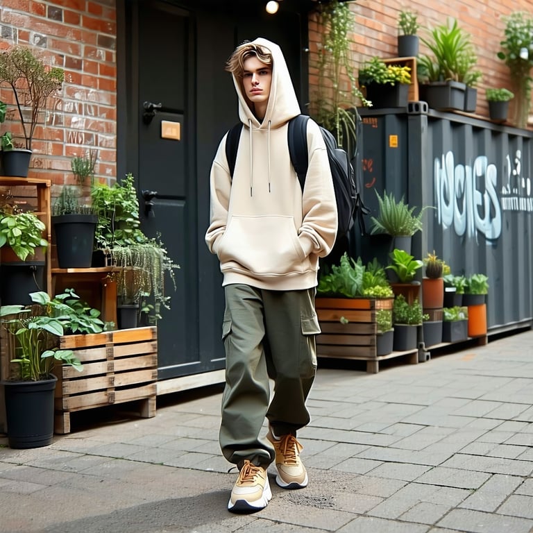 PromptA stylish Gen Z model walking confidently down an urban street wearing minimalistic ecofriendly streetwear in earth tones like olive sand and charcoal The outfit should include a relaxedfit hoodie cargo pants and sneakers made from recycled mat