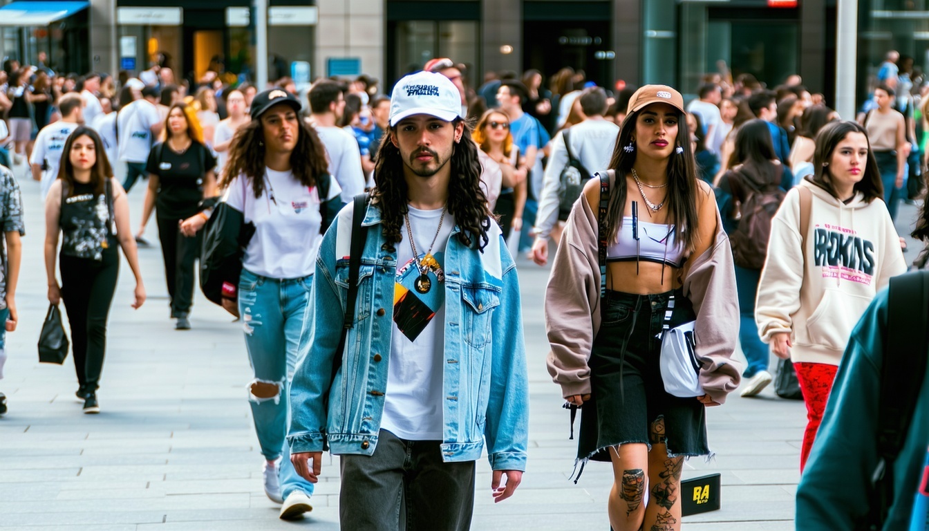 A bustling urban street scene with diverse people