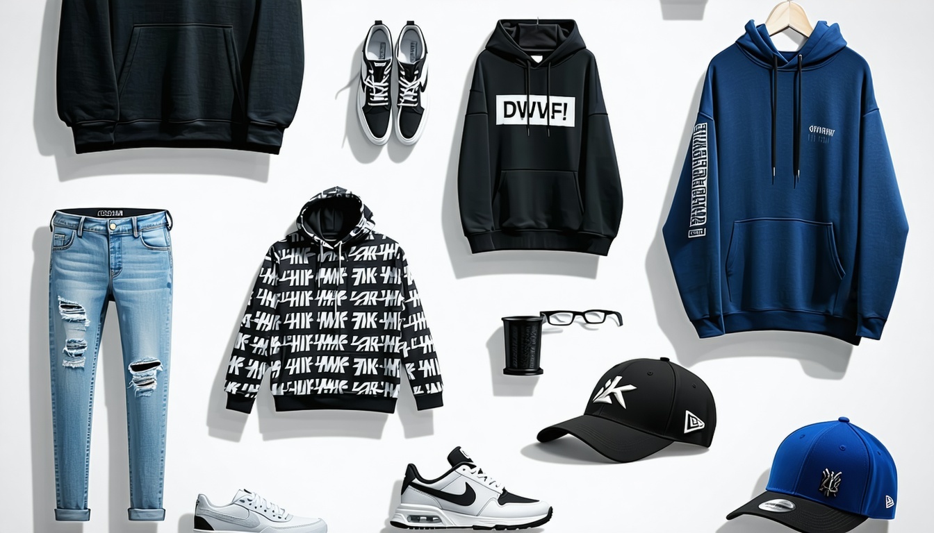 A collection of trendy streetwear items including
