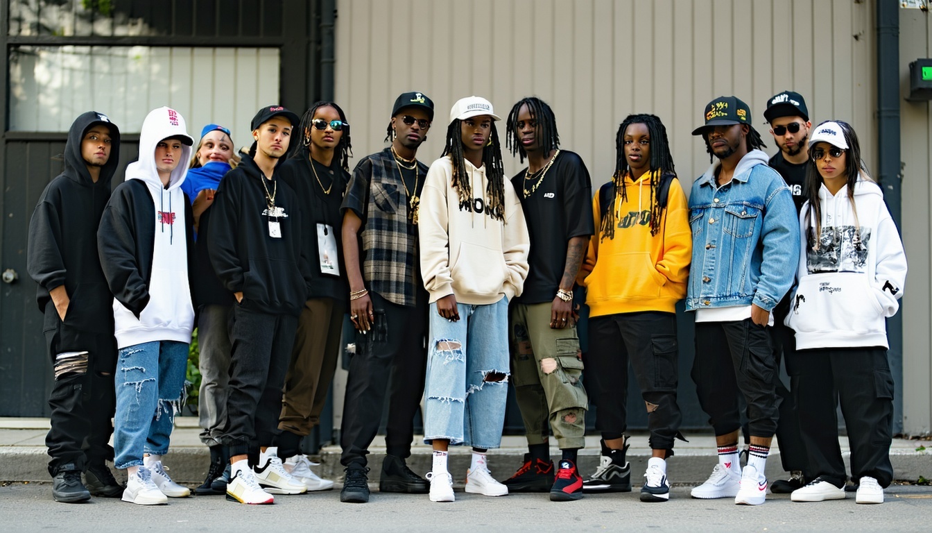 A diverse group of people wearing trendy streetwea
