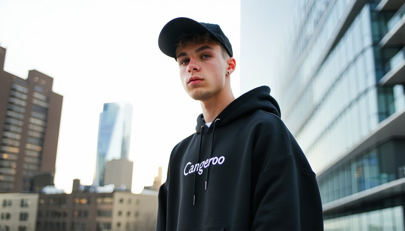 A stylish young man wearing Cangeroo streetwear, s